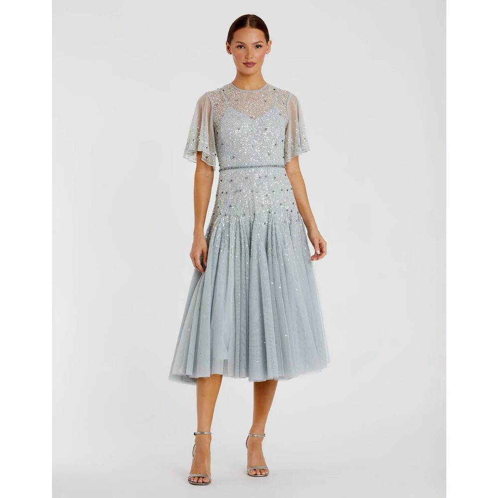 MAC DUGGAL SIZE 16 CAPE SLEEVE BEADED TEA LENGTH A-LINE DRESS POWDER BLUE $598
